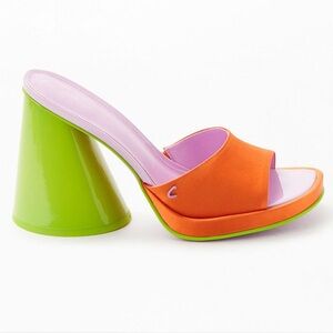 Vibrant Orange and Green Cone Heel Mules
